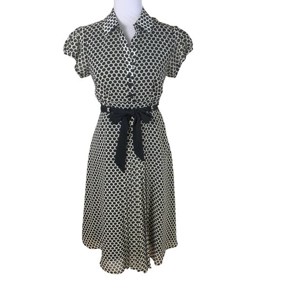 Vintage Robbie Bee Sz 6 Silky Dress Black Cream Polka Dot Tie Front Retro Pin Up - Picture 1 of 15